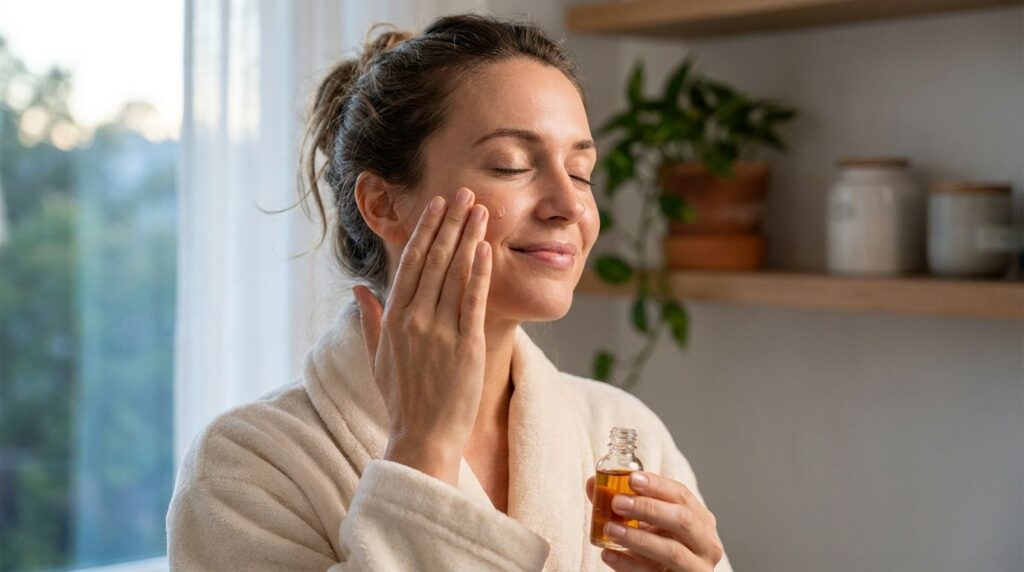 A woman gently applying the DIY Botox Oil to her face massaging it in with her fingertips focusing on areas like the for