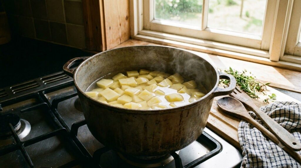 Potatoes simmering in a pot of water on a stovetop with some steam visible