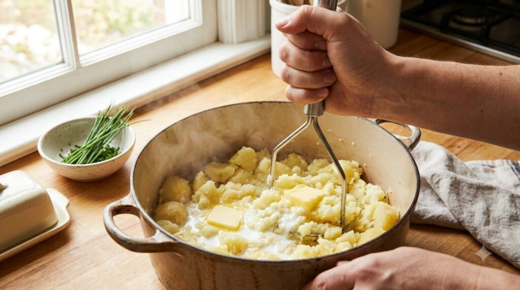 A potato masher in a pot of freshly cooked potatoes with butter and milk being incorporated