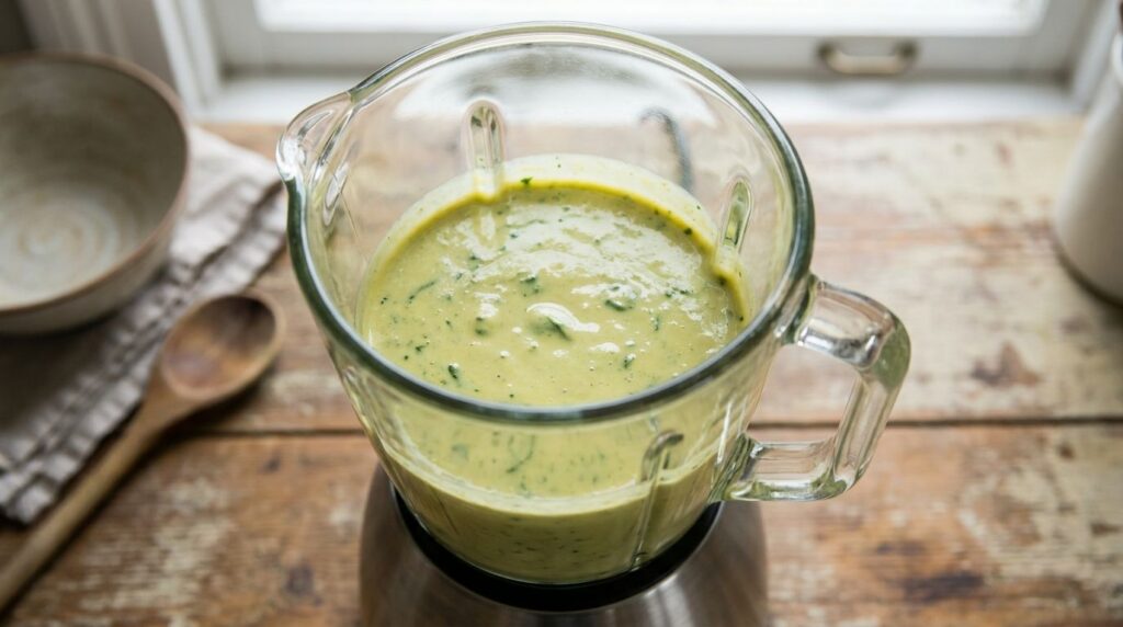 A blender with blended fried eggs and green spinach creating a smooth savory mixture