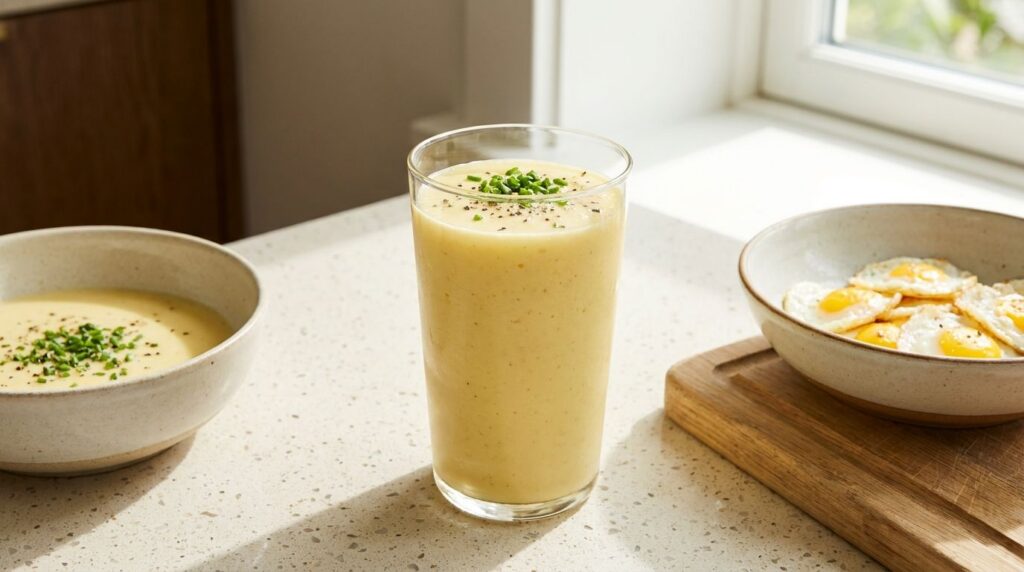 A glass of savory blended fried egg breakfast garnished with a sprinkle of pepper or chives on a kitchen countertop