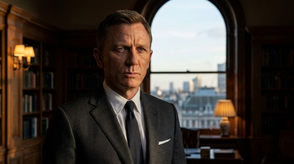 Daniel Craig as James Bond in a formal suit looking intense