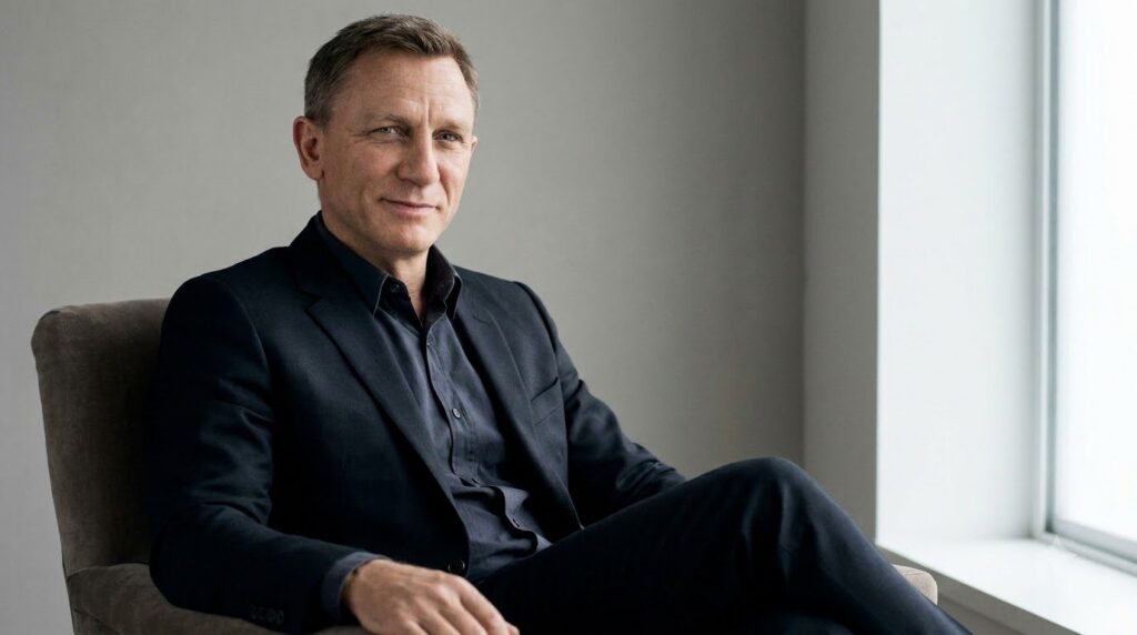 A formal portrait of Daniel Craig looking directly at the camera with a calm expression
