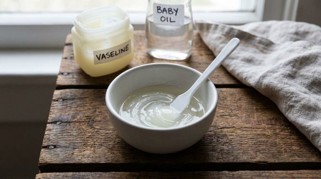 Close-up of a small dish with Vaseline and baby oil being mixed with a spatula