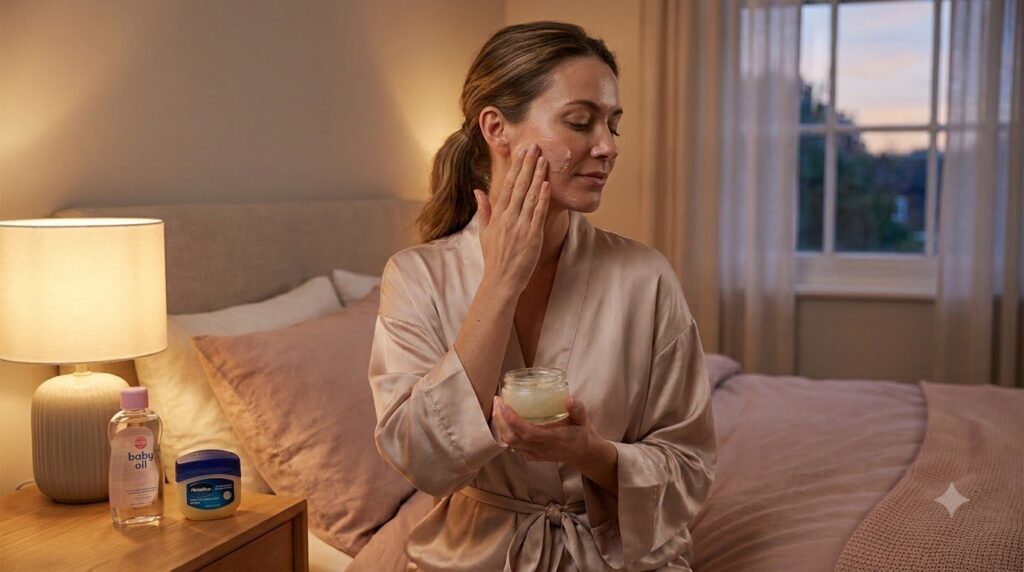 A woman gently massaging the Vaseline and baby oil mixture onto her face at night