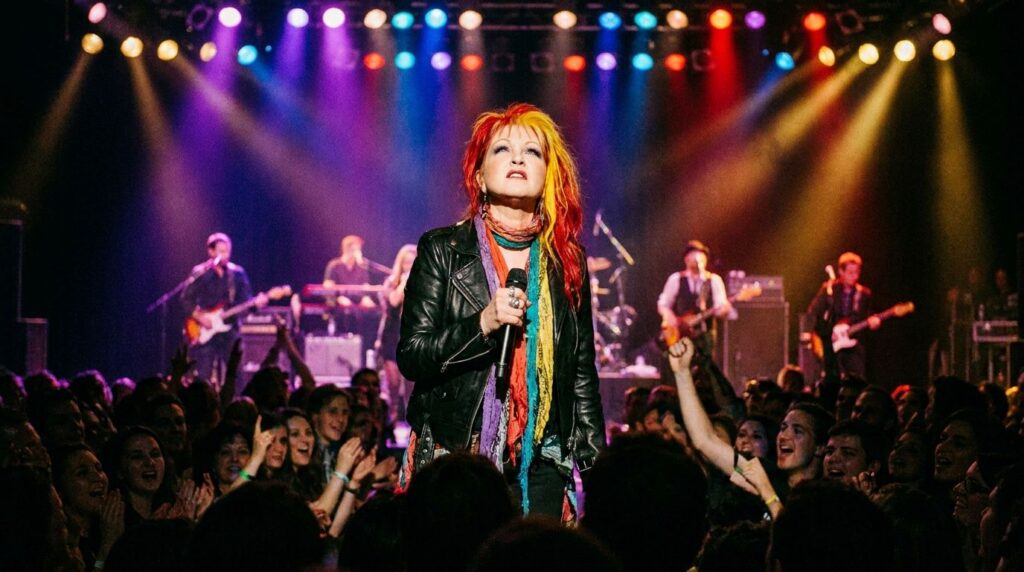 Cyndi Lauper performing on stage bathed in colorful lights showcasing her enduring talent and dynamic stage presence