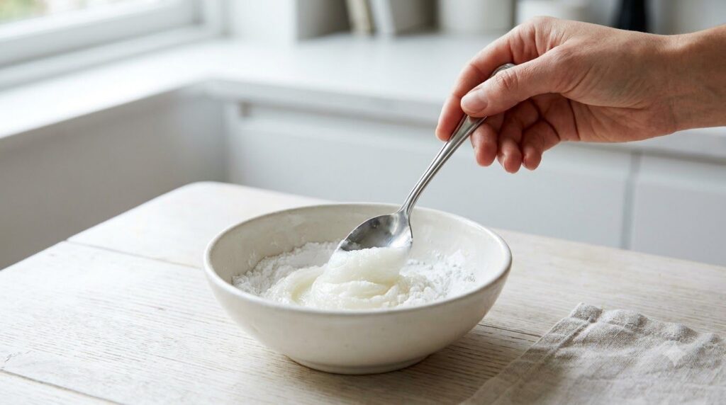 A hand mixing Vaseline and baking soda in a small ceramic bowl with a spoon to create a smooth paste