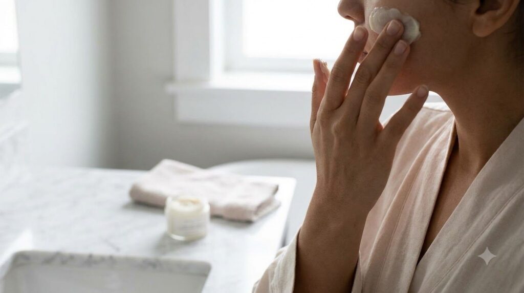 A person s hand gently applying the Vaseline and baking soda paste to their cheek demonstrating careful application