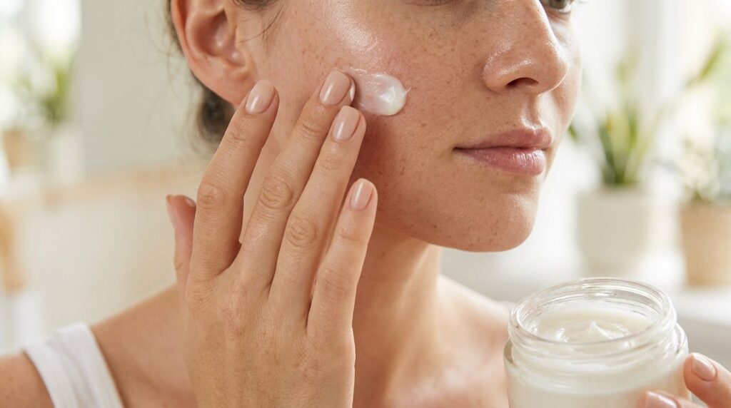 A woman s hand gently applying a small amount of the homemade glow gel to her cheek showing a subtle dewy finish