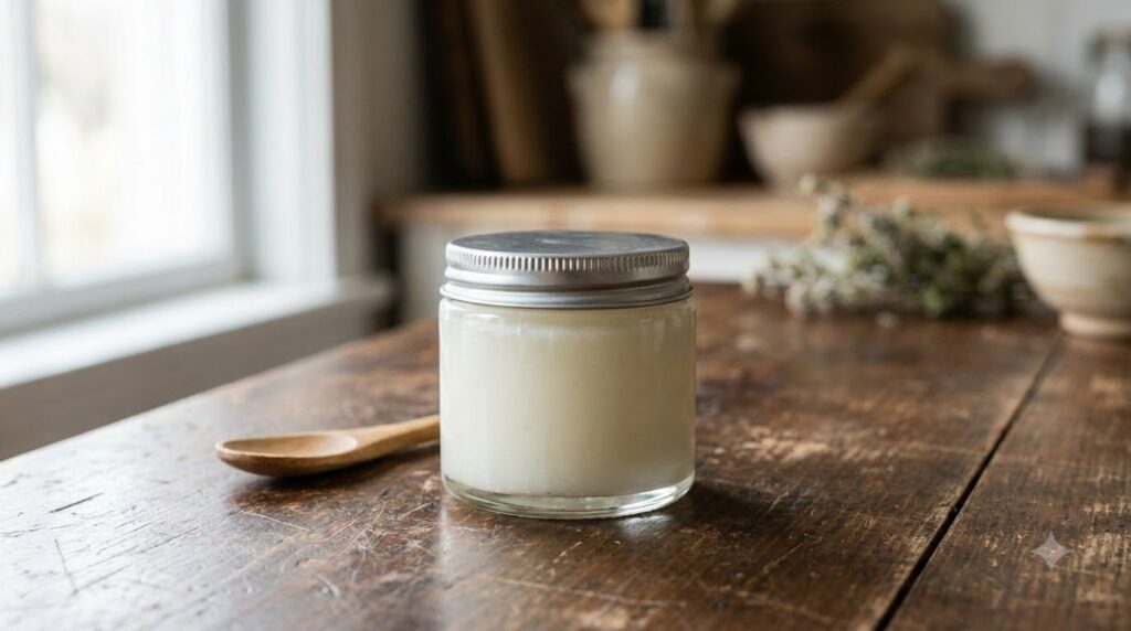 A small clear glass jar filled with a creamy white homemade glow gel set on a rustic wooden surface with soft natural li