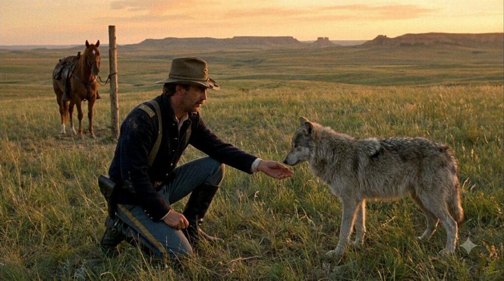 Kevin Costner in his iconic role as Lt John Dunbar from Dances with Wolves in a frontier setting with a wolf or horse