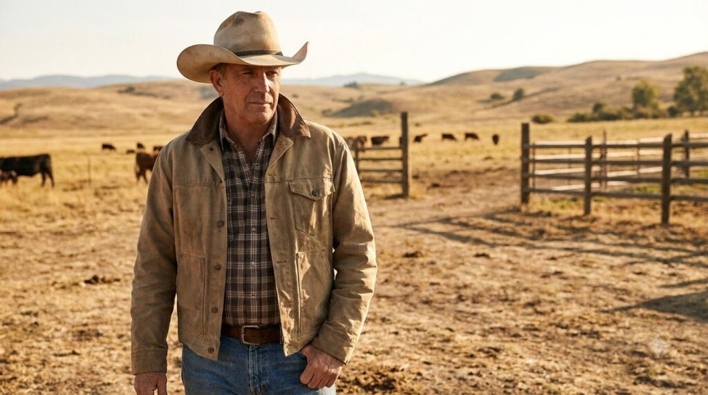 Kevin Costner as John Dutton in Yellowstone wearing a cowboy hat and ranch attire standing on a vast ranch landscape