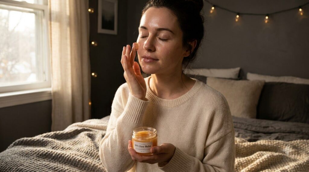 A woman gently patting a small amount of the DIY Glow Balm onto her cheek before bed her skin looking soft and hydrated 