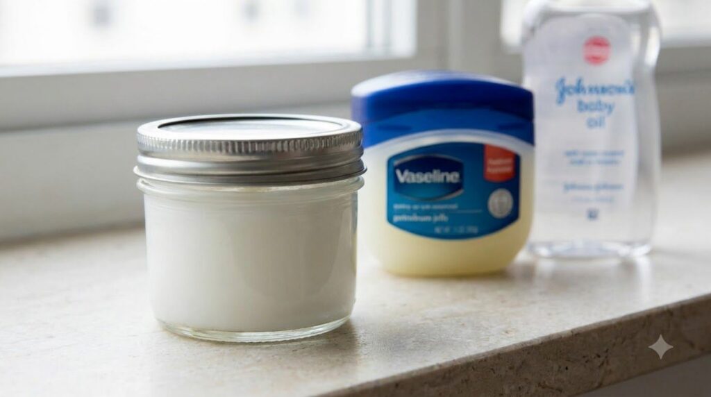 Close-up of a small clean airtight glass jar filled with a white glossy balm with a jar of Vaseline and a bottle of John