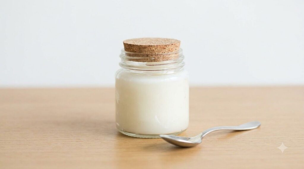 A close-up shot of a small jar containing a homemade creamy white balm with a spoon beside it on a clean simple backgrou