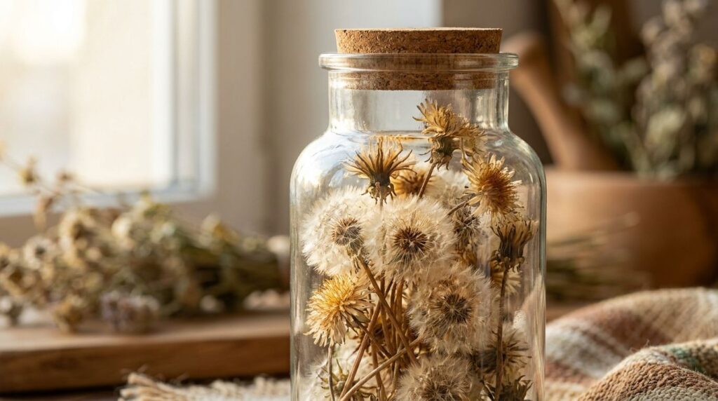 A close-up of dried dandelion flowers in a glass jar showcasing their golden color and texture with soft background ligh