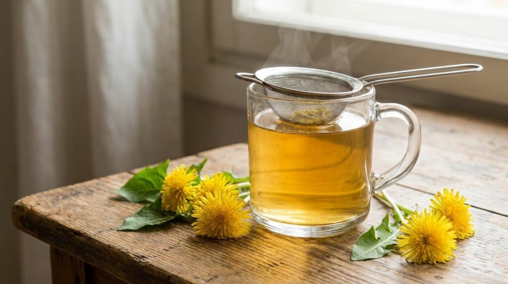 A clear glass mug filled with golden dandelion flower tea with a small strainer resting on top and a few fresh dandelion