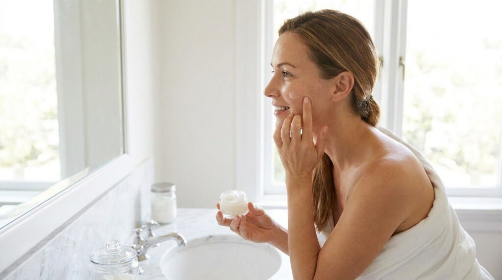 A woman gently applying the aspirin and baby oil gel to her cheek with her fingertips showing a glowing smooth complexio