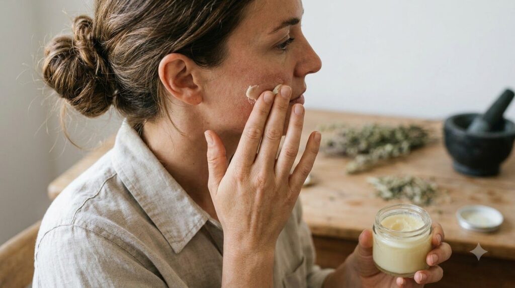 A woman gently applying a small amount of a homemade Vaseline mix to her face focusing on a dry patch or as an overnight