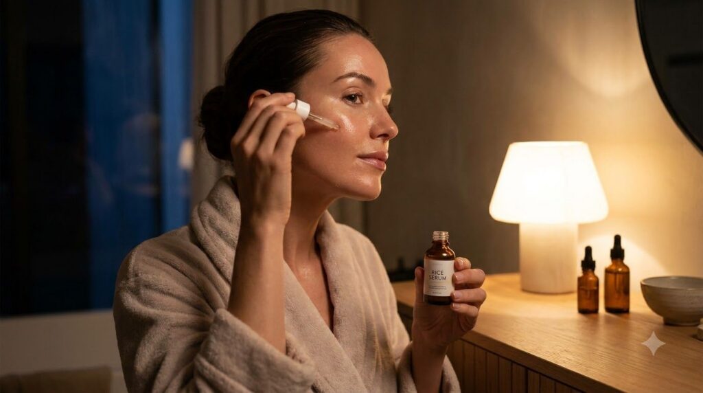 A woman gently applying a small amount of rice serum to her face at night with a soft glowing complexion showing the res