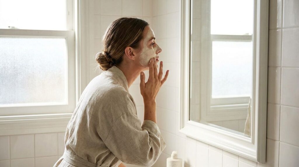 A woman gently applying a thin layer of the Vaseline and baking soda paste to her clean face looking into a mirror in a 