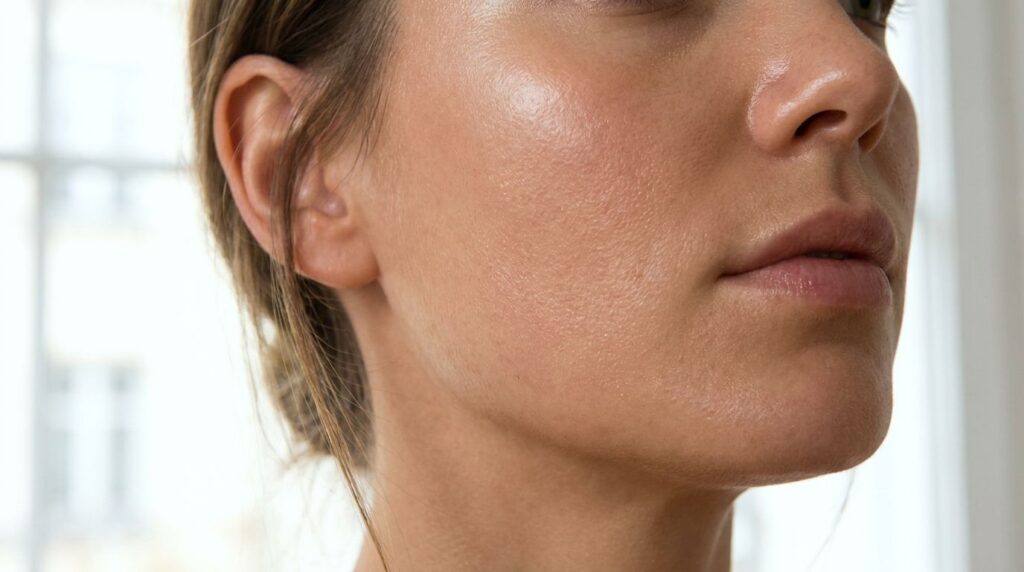 Close-up of a woman s radiant and smooth skin after using a beauty treatment with a soft focus on her cheek and jawline 