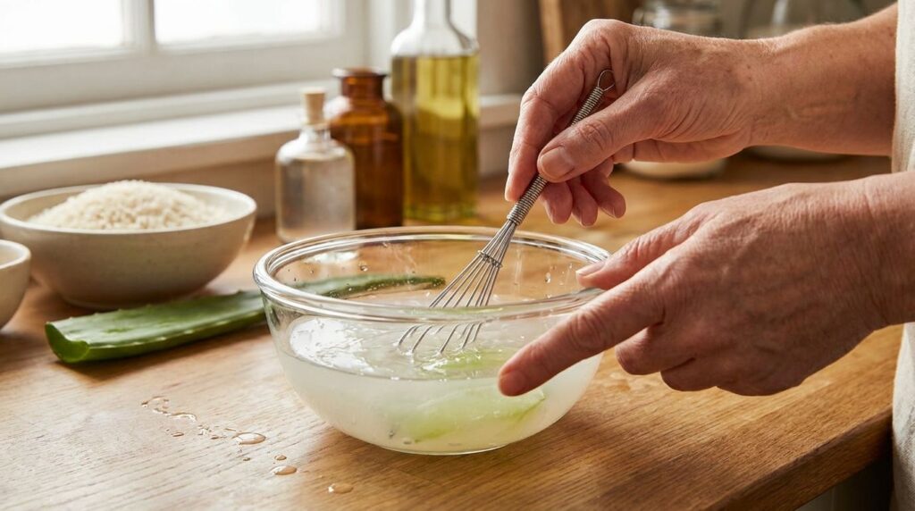 A close-up shot of hands mixing rice water aloe vera gel and glycerin in a small glass bowl with a whisk emphasizing the