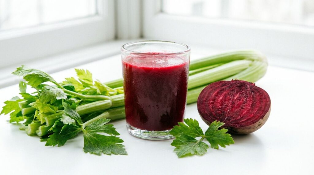 A glass of vibrant red celery and beet juice with fresh celery stalks and a sliced beet in the background
