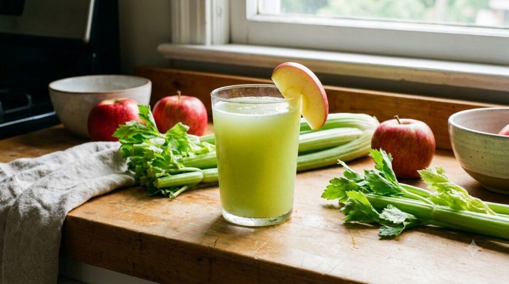 A clear glass of green celery and apple juice garnished with a slice of red apple with fresh celery and apples in the ba