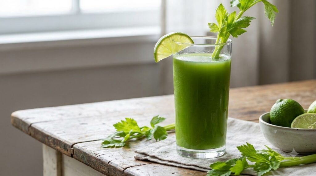 Freshly made green celery and lime juice in a clear glass with sliced lime and celery stalks in the background
