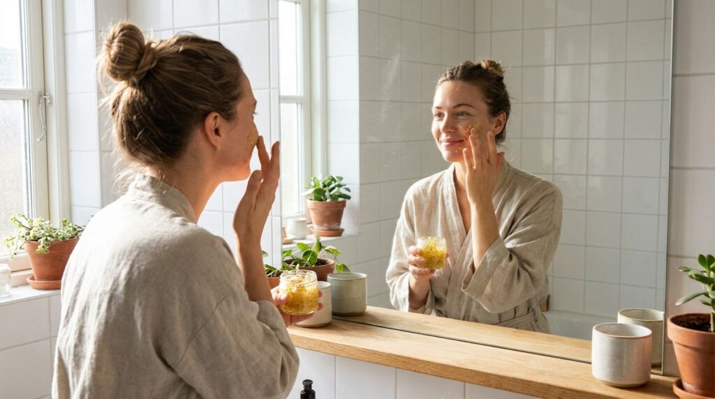 A woman gently applying a DIY Vaseline face scrub to her cheek
