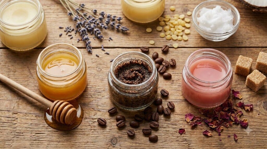 A collection of small jars filled with various DIY Vaseline beauty blends surrounded by natural ingredients like honey c