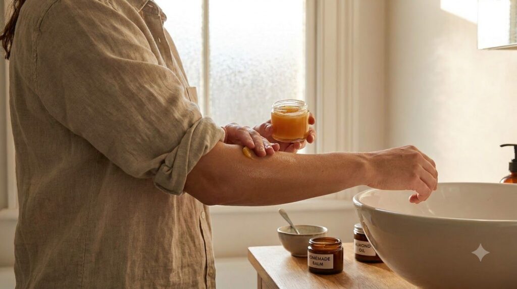 A woman gently applying a small amount of the Vaseline and oil mixture to her dry elbow showing smooth hydrated skin The
