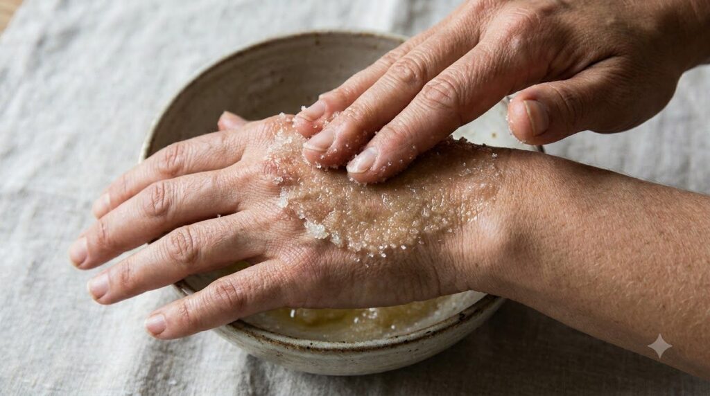 Close-up of a hand gently massaging a Vaseline and sugar scrub onto the back of another hand illustrating the exfoliatin