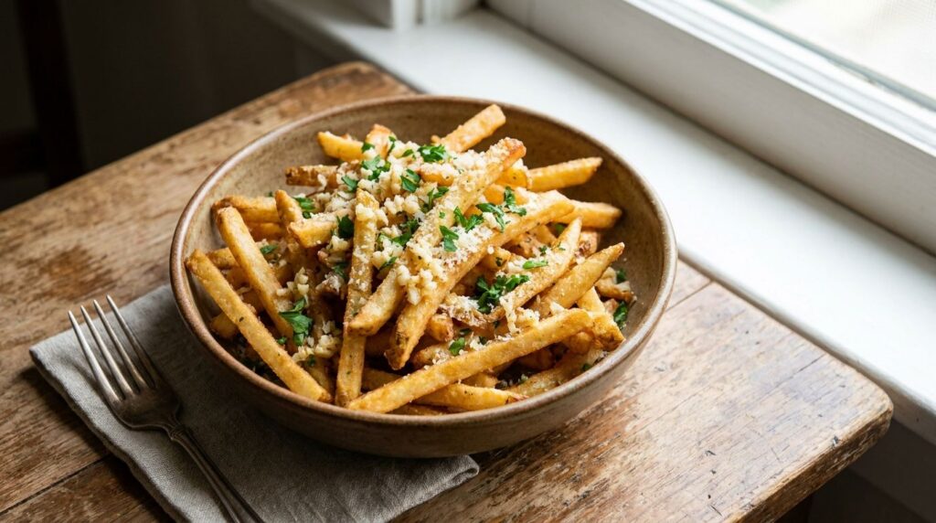 A serving of crispy golden French fries generously tossed with minced garlic grated Parmesan cheese and fresh green pars