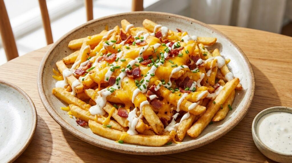 A vibrant plate of loaded French fries generously topped with crispy bacon bits a drizzle of creamy ranch dressing melte