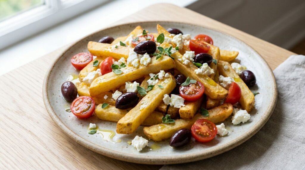 A plate of golden French fries topped with crumbled white feta cheese black Kalamata olives halved red cherry tomatoes a