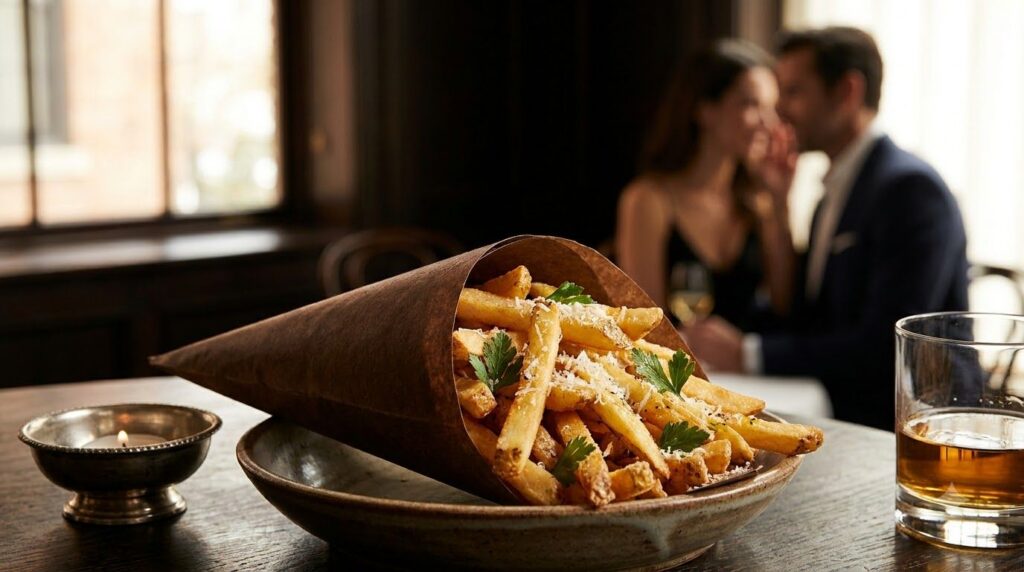 Elegant golden French fries seasoned with truffle oil and finely grated Parmesan cheese garnished with delicate fresh pa