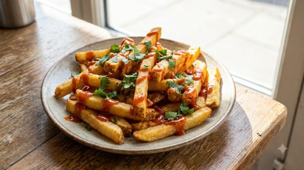 Crispy golden French fries served on a plate generously drizzled with a vibrant red-orange sriracha mayonnaise sauce and