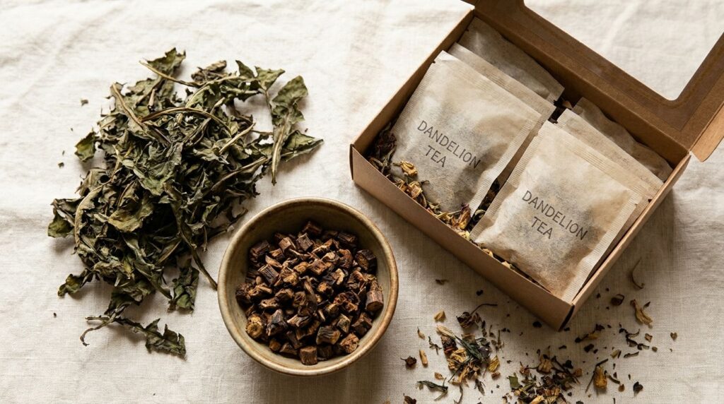 A variety of dried dandelion products including dried leaves roasted root and possibly a package of dandelion tea bags a