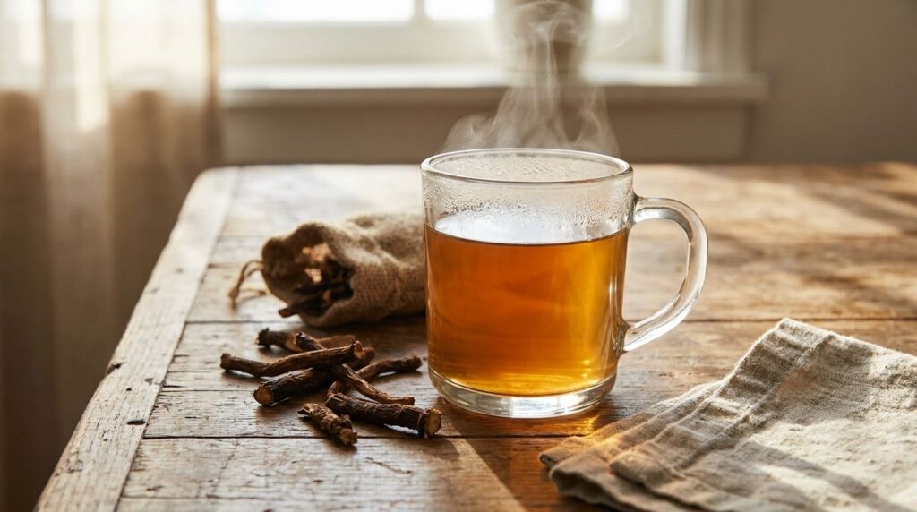 A clear glass mug of freshly brewed dandelion root tea steaming gently with dried roasted dandelion root pieces visible