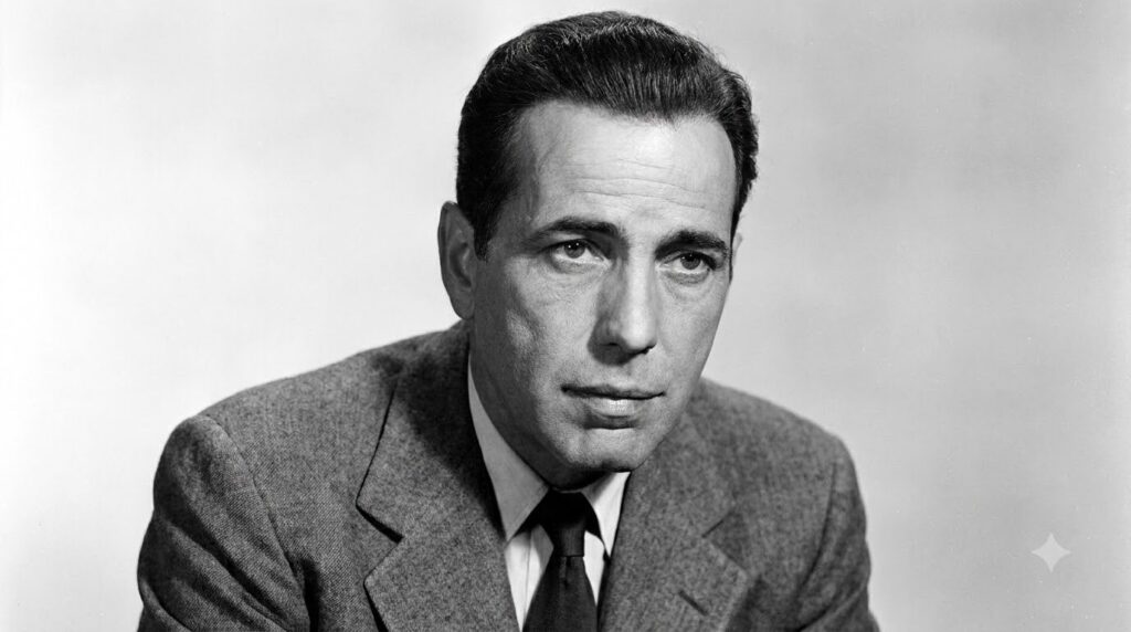 Black and white publicity photo of Humphrey Bogart from the 1940s looking serious