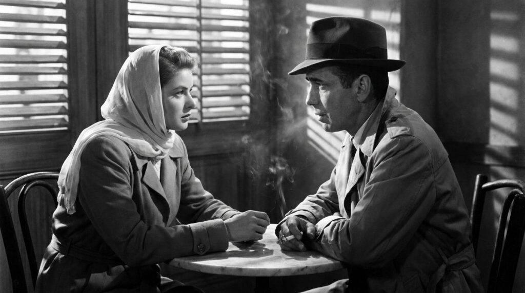 Humphrey Bogart and Ingrid Bergman in a scene from Casablanca looking at each other intensely
