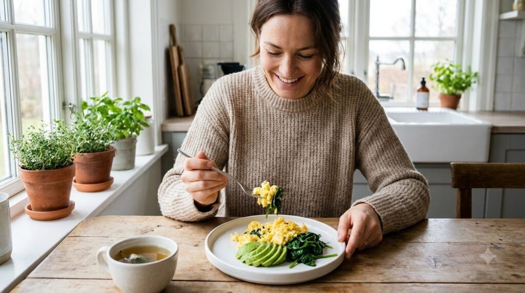 A person enjoying a healthy balanced meal featuring eggs avocado and spinach illustrating easy incorporation of biotin-r