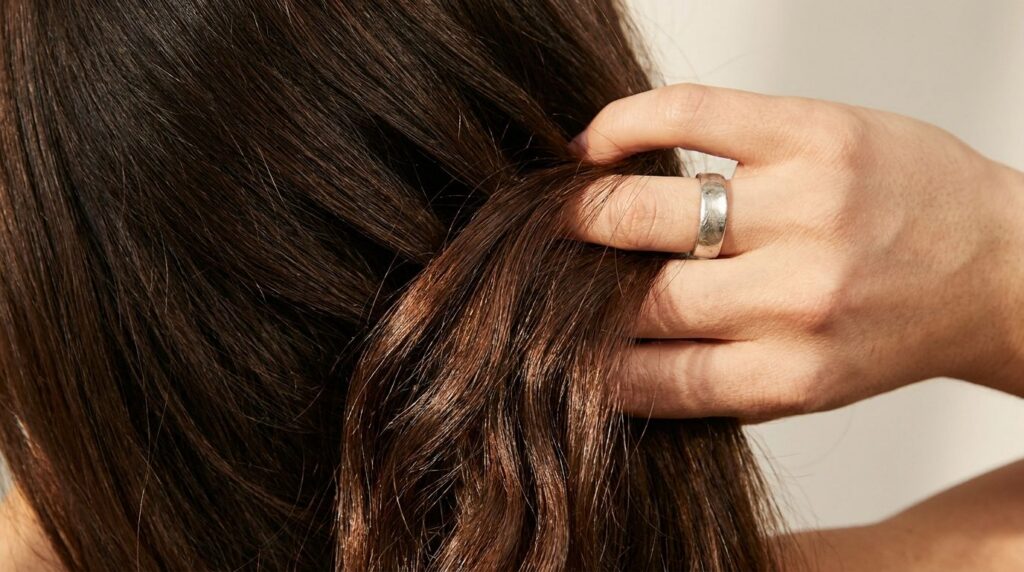 A close-up of a person gently running their fingers through visibly thicker shinier hair showing the positive results of