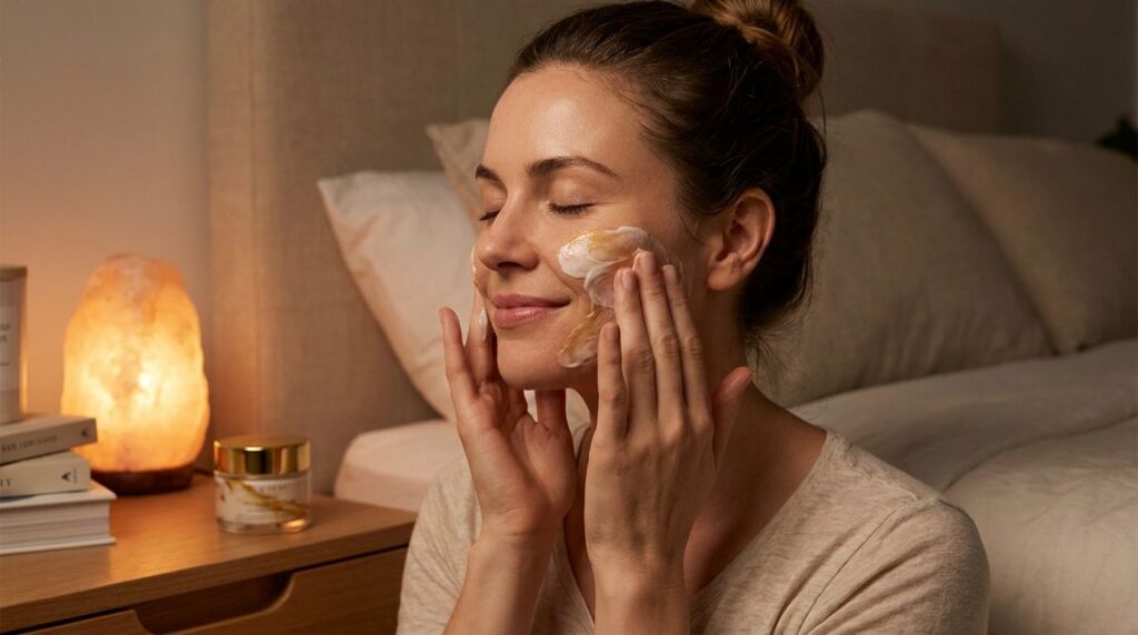 A woman gently applying a small amount of the Vaseline and Vitamin E blend to her face at night with a soft warm glow