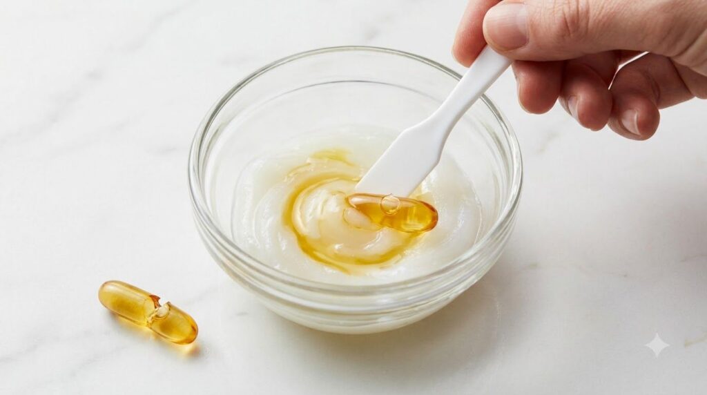 A small bowl with Vaseline and the liquid from a pierced Vitamin E capsule being mixed with a spatula