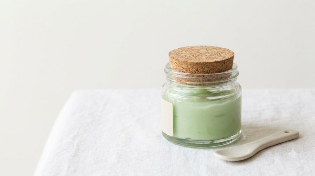A small airtight container filled with the finished DIY Korean glass skin cream with a small spatula beside it on a ligh