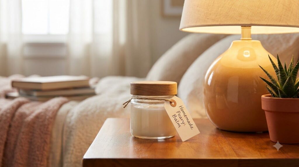 A small glass jar filled with the homemade Glass Skin Balm placed on a bedside table next to a soft light and a plant