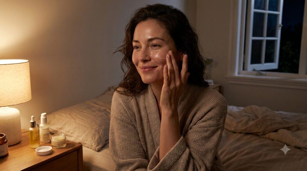 A woman gently applying a small amount of the balm to her face before bed showing a dewy finish